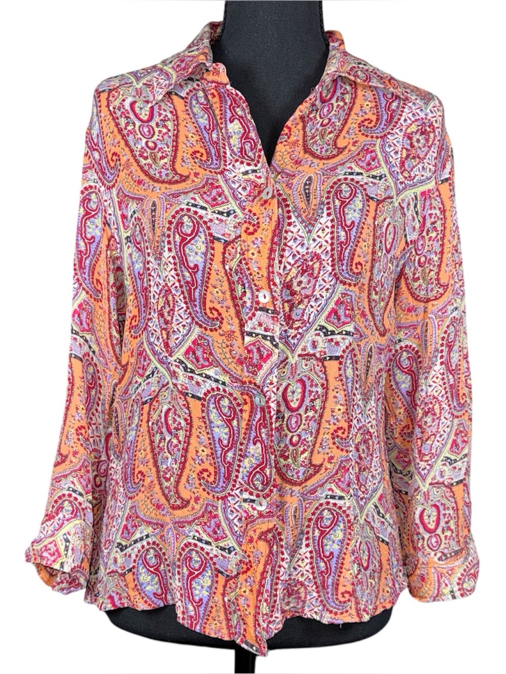 Vintage 90s 100% Silk Multicolor Paisley Button Up Long Sleeve Blouse L Eclectic